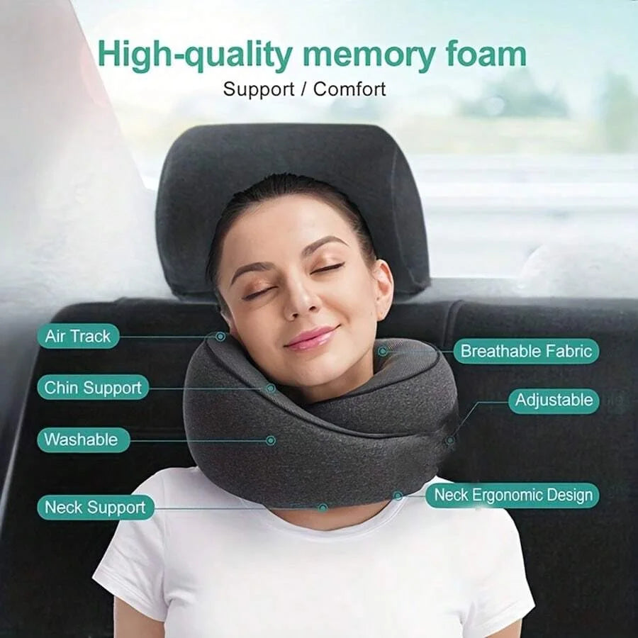 Pure Memory Foam Travel Neck Pillow – Ultra-Comfort Airplane Cushion with Breathable Washable Cover