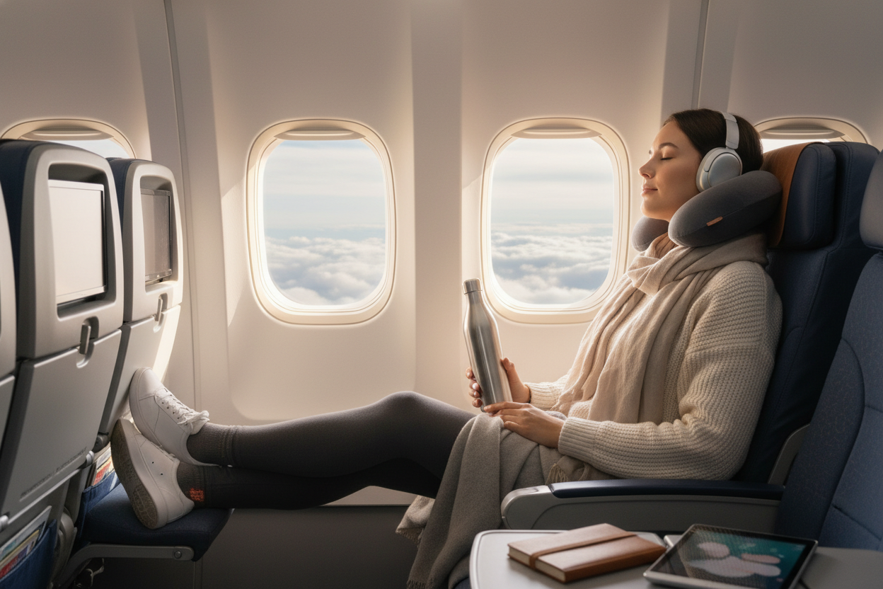 Ultra-realistic lifestyle scene of a relaxed traveler sitting in an airplane window seat, wearing comfortable travel outfit and using a premium neck pillow — soft daylight, cozy mood, minimalist background with subtle clouds outside the window — cinematic composition for a website hero banner, 1920x800, modern and aspirational aesthetic